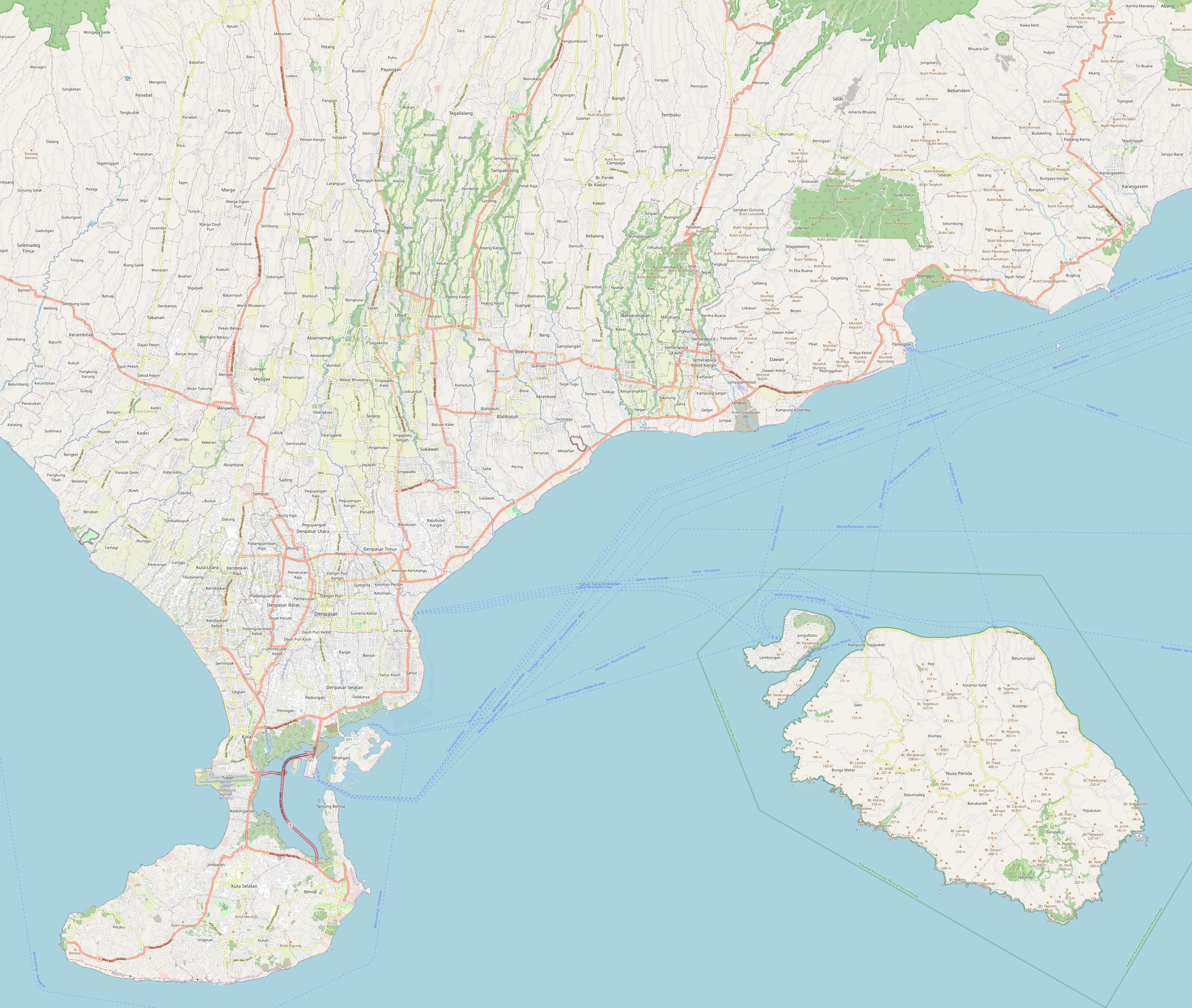 Mapa jižního Bali, Nusa Penidy a okolí Ubudu se zákresem všech zastávek